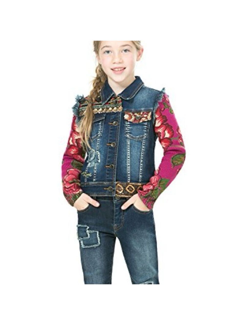 Desigual Kids Saguaro Embrllished Denim Jacket with Pink Floral Knit Sleeves 4